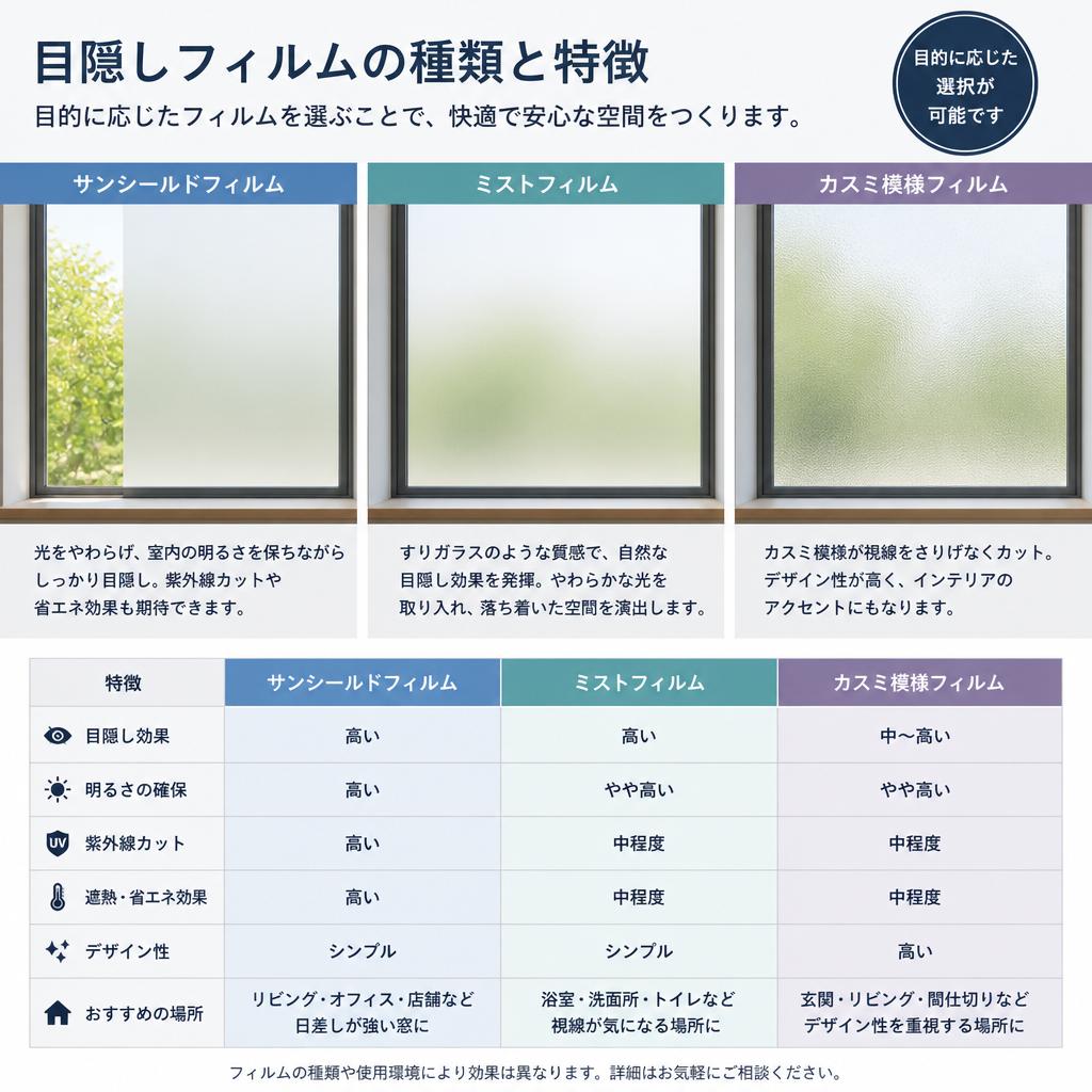 代表的な目隠しガラスフィルムの種類